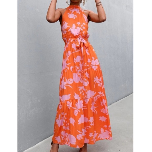 Boho pink floral print belted halter maxi dress - Picture 12 of 12